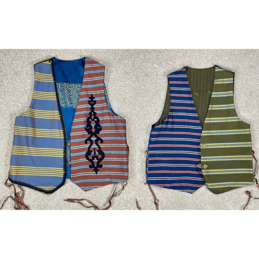 Handmade Reversible Patchwork Vest Womens Sz L Blue Striped Velvet Applique Boho